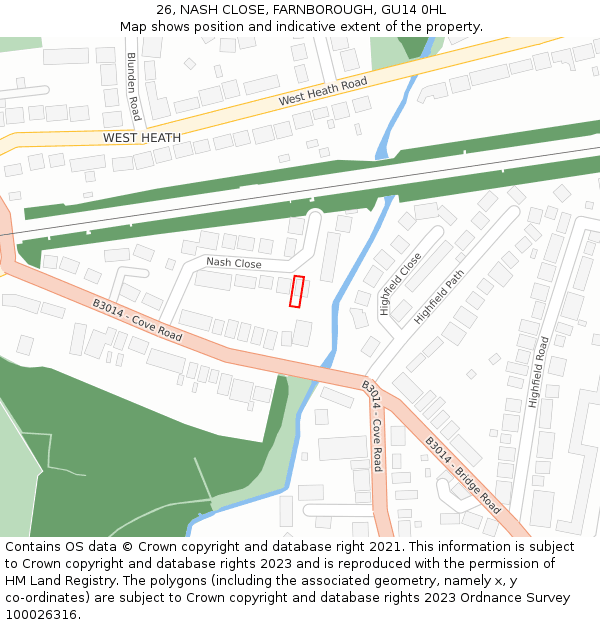 26, NASH CLOSE, FARNBOROUGH, GU14 0HL: Location map and indicative extent of plot