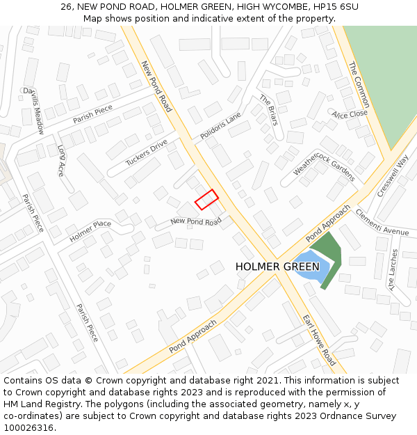 26, NEW POND ROAD, HOLMER GREEN, HIGH WYCOMBE, HP15 6SU: Location map and indicative extent of plot