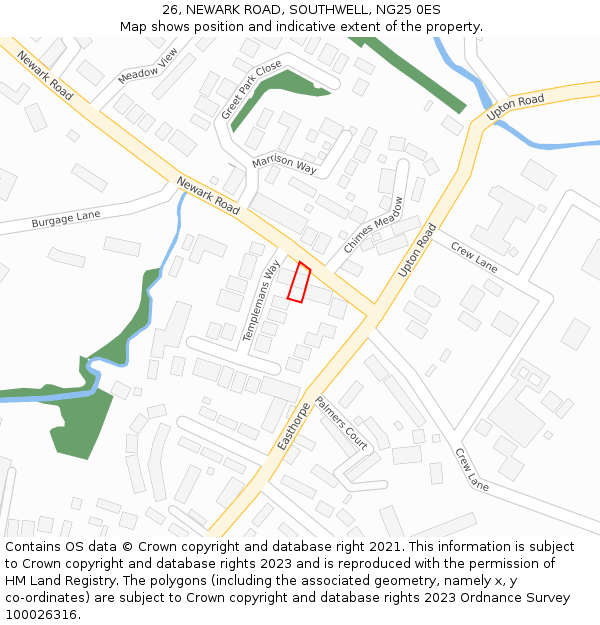 26, NEWARK ROAD, SOUTHWELL, NG25 0ES: Location map and indicative extent of plot
