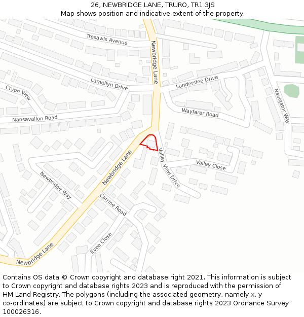 26, NEWBRIDGE LANE, TRURO, TR1 3JS: Location map and indicative extent of plot