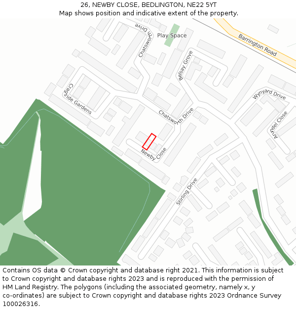 26, NEWBY CLOSE, BEDLINGTON, NE22 5YT: Location map and indicative extent of plot