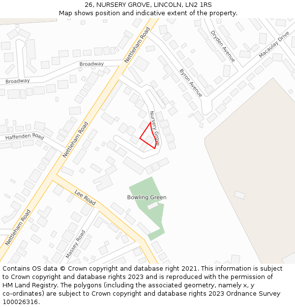26, NURSERY GROVE, LINCOLN, LN2 1RS: Location map and indicative extent of plot