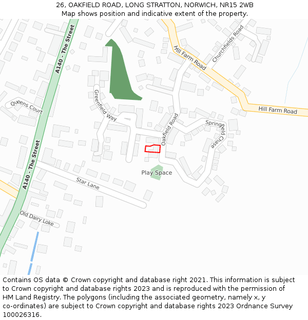 26, OAKFIELD ROAD, LONG STRATTON, NORWICH, NR15 2WB: Location map and indicative extent of plot