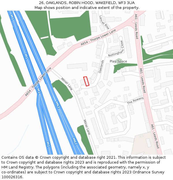 26, OAKLANDS, ROBIN HOOD, WAKEFIELD, WF3 3UA: Location map and indicative extent of plot