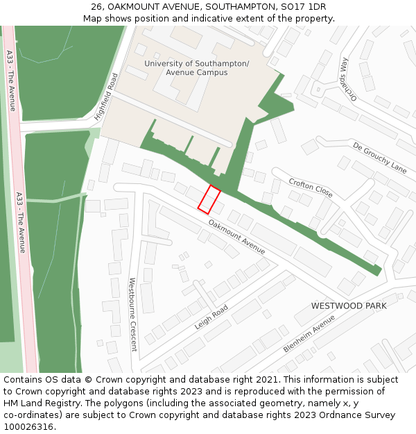 26, OAKMOUNT AVENUE, SOUTHAMPTON, SO17 1DR: Location map and indicative extent of plot