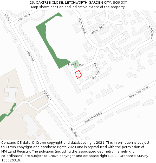 26, OAKTREE CLOSE, LETCHWORTH GARDEN CITY, SG6 3XY: Location map and indicative extent of plot