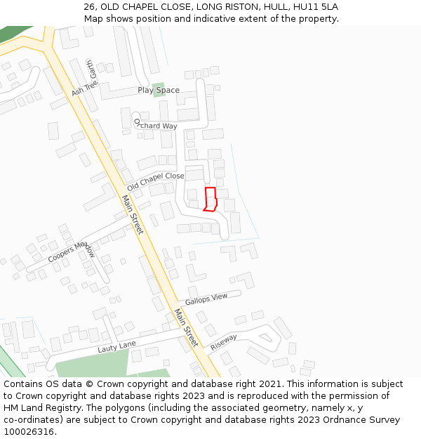 26, OLD CHAPEL CLOSE, LONG RISTON, HULL, HU11 5LA: Location map and indicative extent of plot