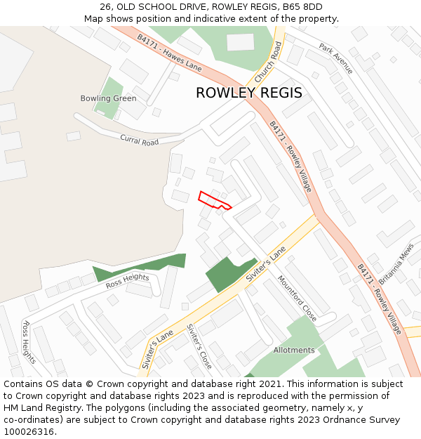 26, OLD SCHOOL DRIVE, ROWLEY REGIS, B65 8DD: Location map and indicative extent of plot