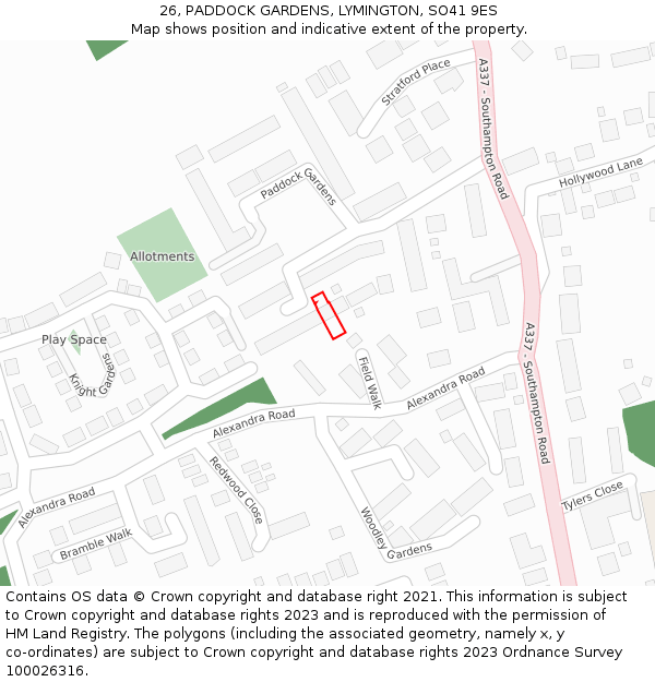 26, PADDOCK GARDENS, LYMINGTON, SO41 9ES: Location map and indicative extent of plot