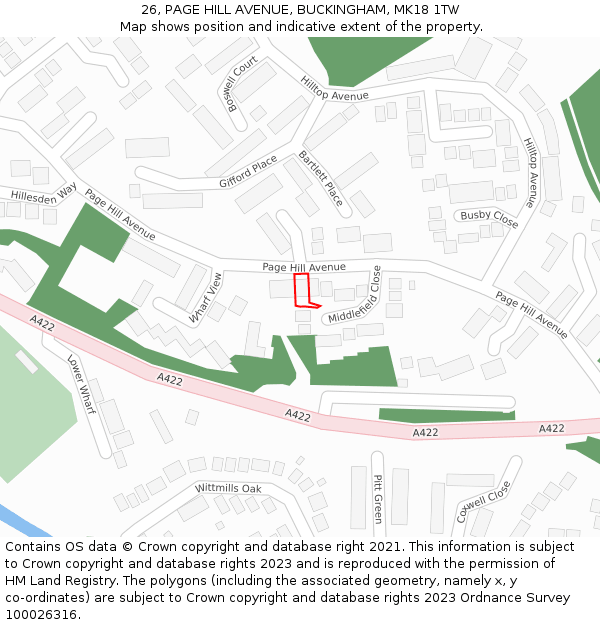 26, PAGE HILL AVENUE, BUCKINGHAM, MK18 1TW: Location map and indicative extent of plot