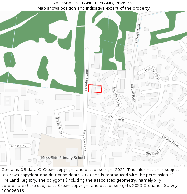 26, PARADISE LANE, LEYLAND, PR26 7ST: Location map and indicative extent of plot