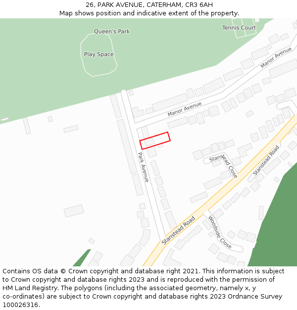 26, PARK AVENUE, CATERHAM, CR3 6AH: Location map and indicative extent of plot