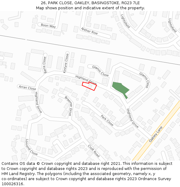 26, PARK CLOSE, OAKLEY, BASINGSTOKE, RG23 7LE: Location map and indicative extent of plot