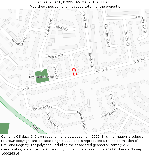 26, PARK LANE, DOWNHAM MARKET, PE38 9SH: Location map and indicative extent of plot