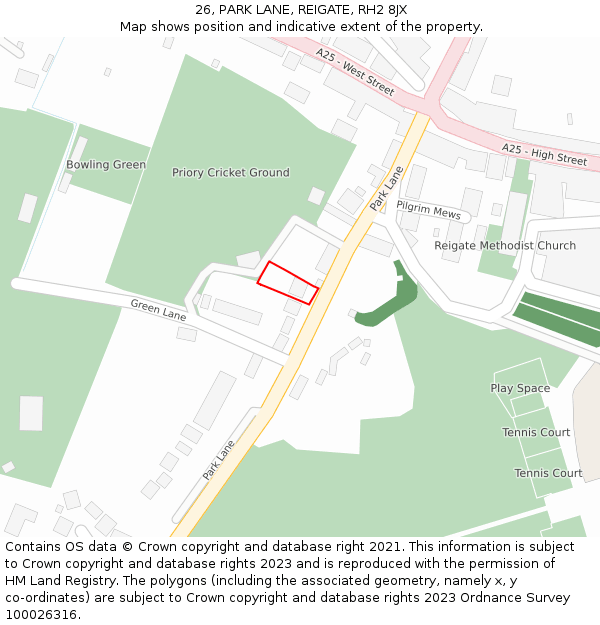 26, PARK LANE, REIGATE, RH2 8JX: Location map and indicative extent of plot