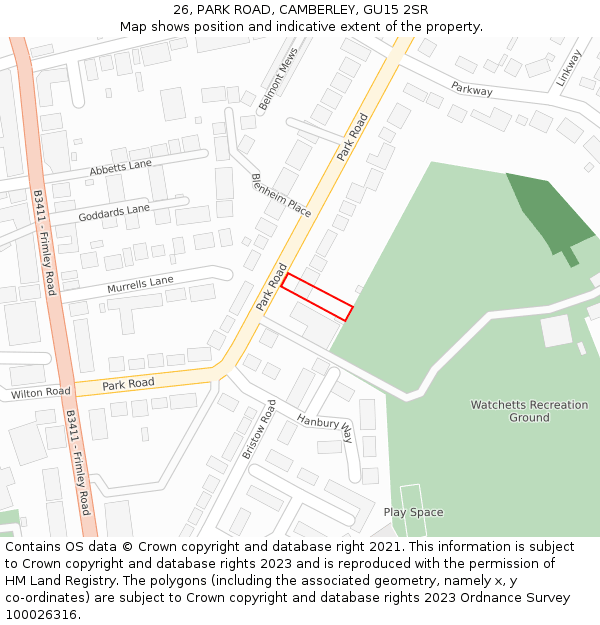 26, PARK ROAD, CAMBERLEY, GU15 2SR: Location map and indicative extent of plot