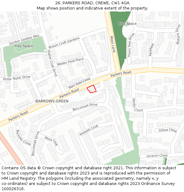 26, PARKERS ROAD, CREWE, CW1 4GA: Location map and indicative extent of plot