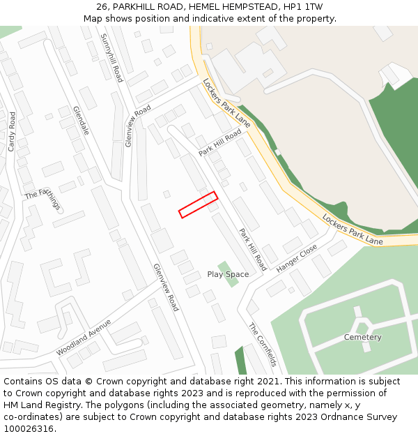26, PARKHILL ROAD, HEMEL HEMPSTEAD, HP1 1TW: Location map and indicative extent of plot