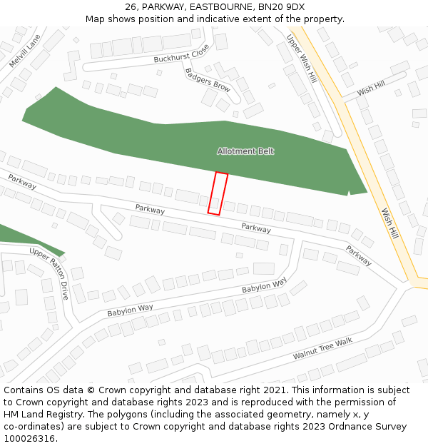 26, PARKWAY, EASTBOURNE, BN20 9DX: Location map and indicative extent of plot