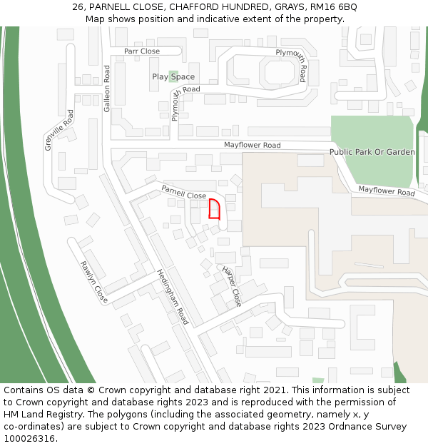 26, PARNELL CLOSE, CHAFFORD HUNDRED, GRAYS, RM16 6BQ: Location map and indicative extent of plot