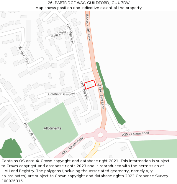 26, PARTRIDGE WAY, GUILDFORD, GU4 7DW: Location map and indicative extent of plot