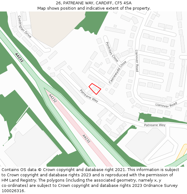 26, PATREANE WAY, CARDIFF, CF5 4SA: Location map and indicative extent of plot