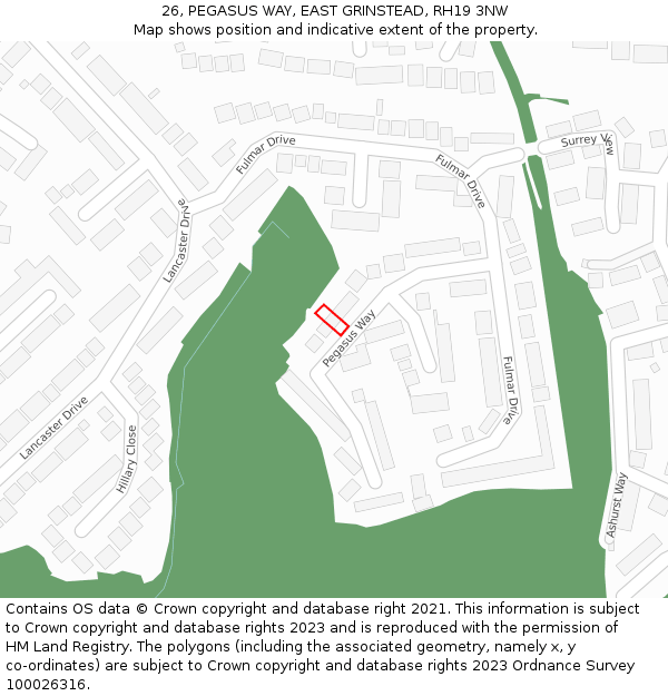 26, PEGASUS WAY, EAST GRINSTEAD, RH19 3NW: Location map and indicative extent of plot