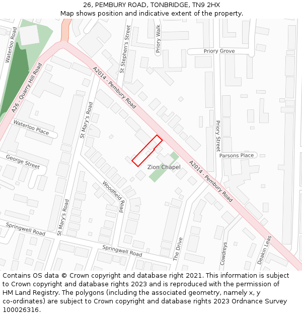 26, PEMBURY ROAD, TONBRIDGE, TN9 2HX: Location map and indicative extent of plot