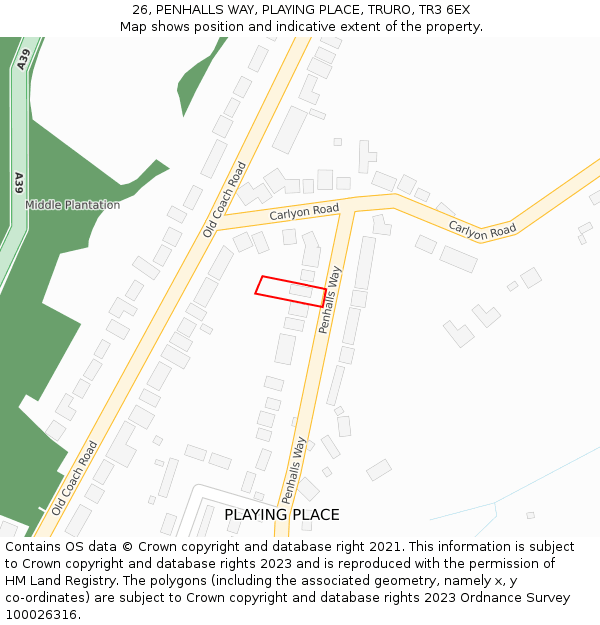 26, PENHALLS WAY, PLAYING PLACE, TRURO, TR3 6EX: Location map and indicative extent of plot