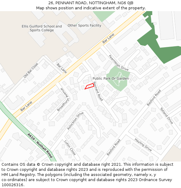 26, PENNANT ROAD, NOTTINGHAM, NG6 0JB: Location map and indicative extent of plot