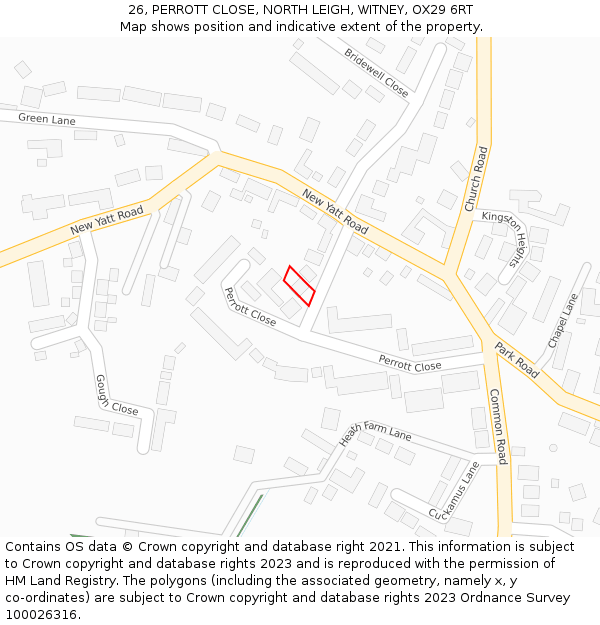 26, PERROTT CLOSE, NORTH LEIGH, WITNEY, OX29 6RT: Location map and indicative extent of plot