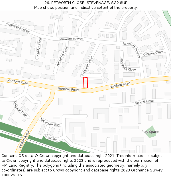 26, PETWORTH CLOSE, STEVENAGE, SG2 8UP: Location map and indicative extent of plot