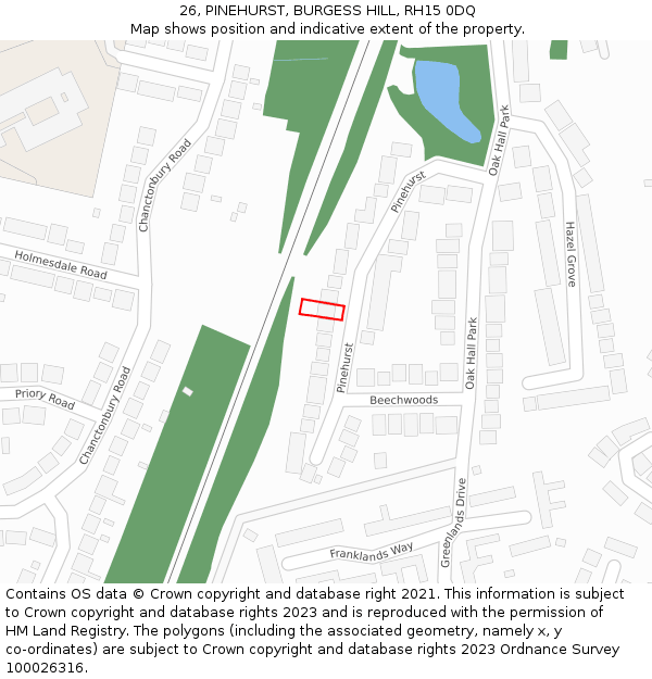 26, PINEHURST, BURGESS HILL, RH15 0DQ: Location map and indicative extent of plot