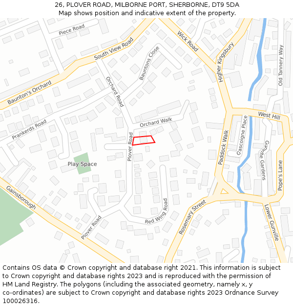 26, PLOVER ROAD, MILBORNE PORT, SHERBORNE, DT9 5DA: Location map and indicative extent of plot