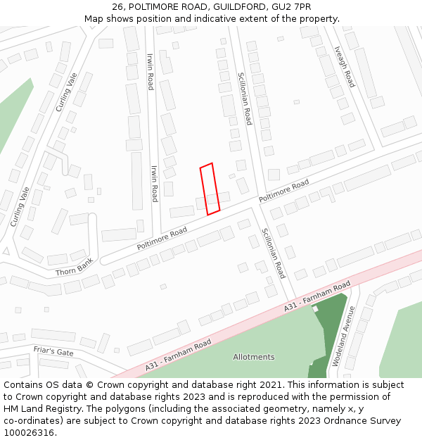 26, POLTIMORE ROAD, GUILDFORD, GU2 7PR: Location map and indicative extent of plot