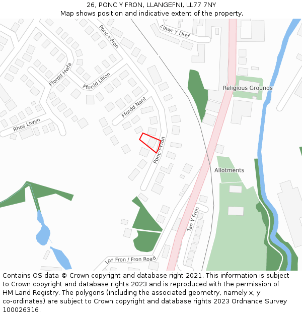 26, PONC Y FRON, LLANGEFNI, LL77 7NY: Location map and indicative extent of plot