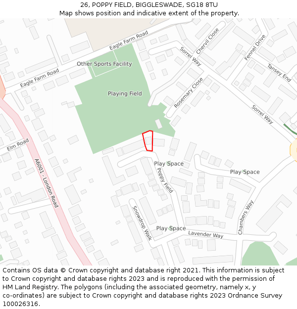 26, POPPY FIELD, BIGGLESWADE, SG18 8TU: Location map and indicative extent of plot