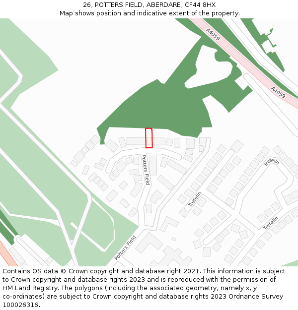 26, POTTERS FIELD, ABERDARE, CF44 8HX: Location map and indicative extent of plot