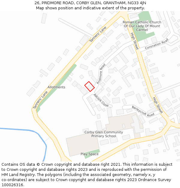 26, PRIDMORE ROAD, CORBY GLEN, GRANTHAM, NG33 4JN: Location map and indicative extent of plot