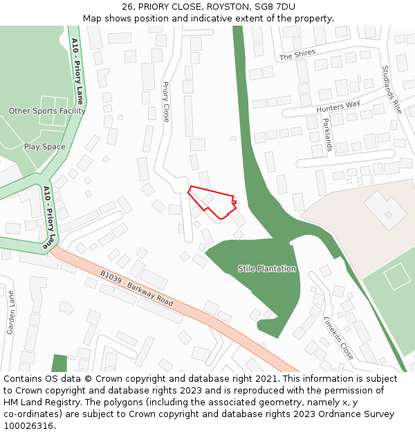 26, PRIORY CLOSE, ROYSTON, SG8 7DU: Location map and indicative extent of plot