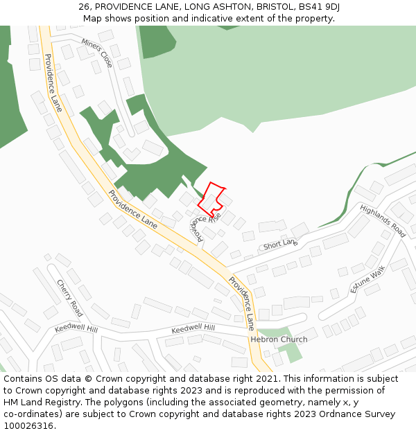 26, PROVIDENCE LANE, LONG ASHTON, BRISTOL, BS41 9DJ: Location map and indicative extent of plot