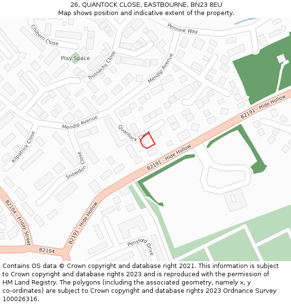 26, QUANTOCK CLOSE, EASTBOURNE, BN23 8EU: Location map and indicative extent of plot