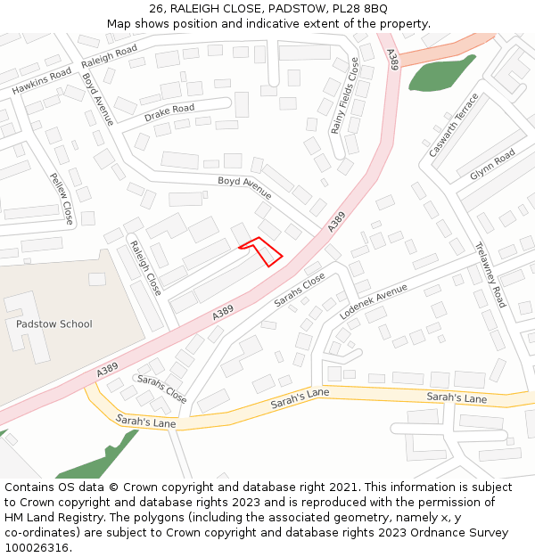 26, RALEIGH CLOSE, PADSTOW, PL28 8BQ: Location map and indicative extent of plot