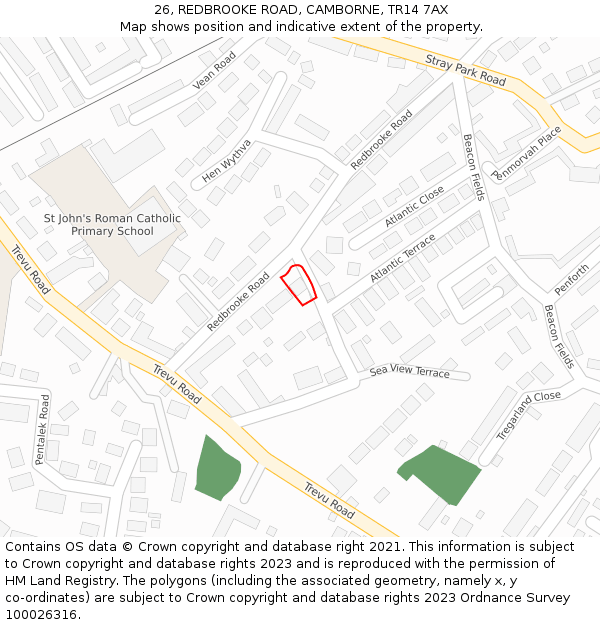 26, REDBROOKE ROAD, CAMBORNE, TR14 7AX: Location map and indicative extent of plot