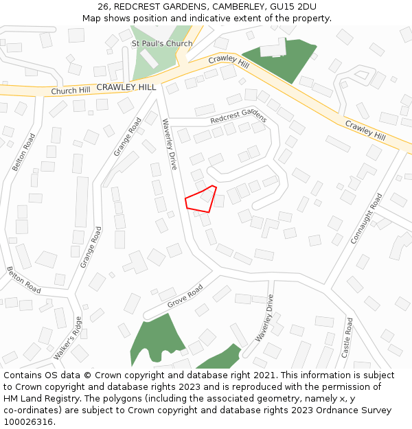 26, REDCREST GARDENS, CAMBERLEY, GU15 2DU: Location map and indicative extent of plot