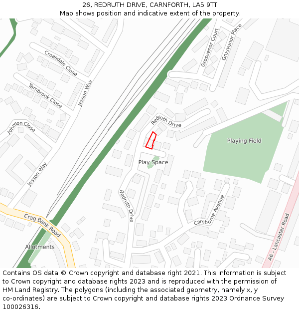 26, REDRUTH DRIVE, CARNFORTH, LA5 9TT: Location map and indicative extent of plot