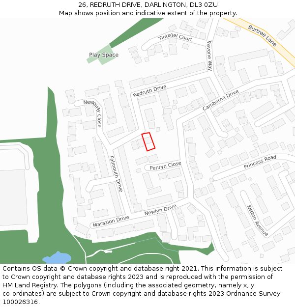 26, REDRUTH DRIVE, DARLINGTON, DL3 0ZU: Location map and indicative extent of plot