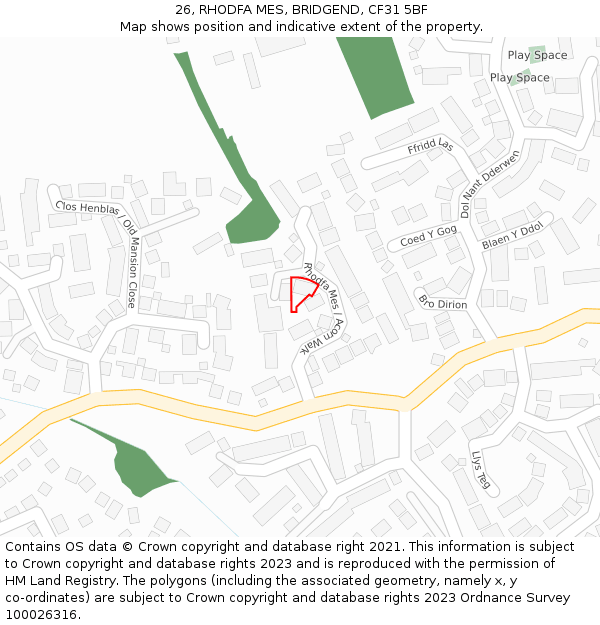 26, RHODFA MES, BRIDGEND, CF31 5BF: Location map and indicative extent of plot