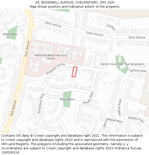 26, RIDGEWELL AVENUE, CHELMSFORD, CM1 2GA: Location map and indicative extent of plot