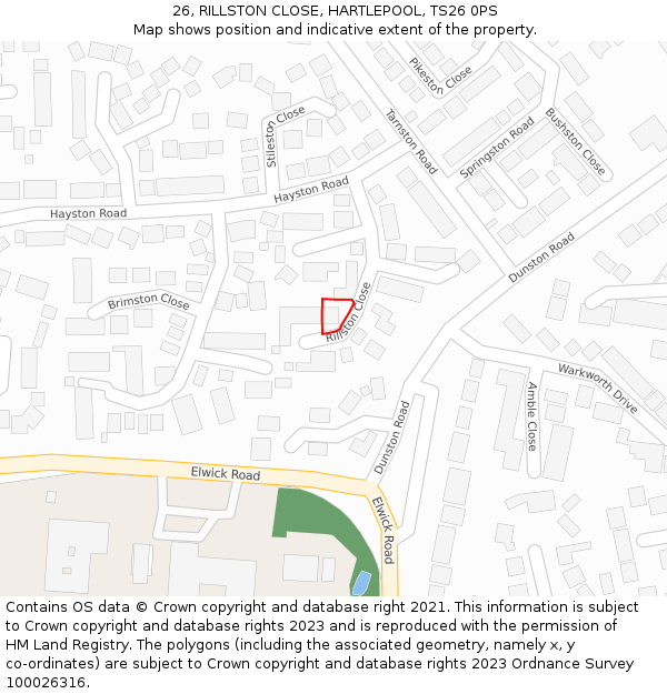 26, RILLSTON CLOSE, HARTLEPOOL, TS26 0PS: Location map and indicative extent of plot